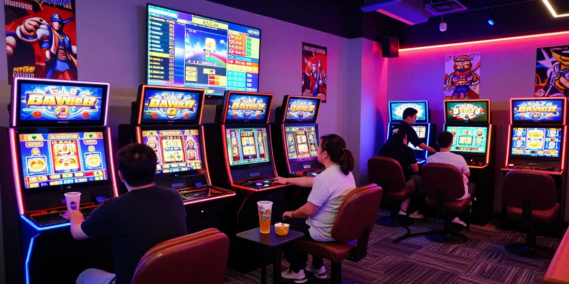 Exciting gaming lounge with players engaged in slot gacor games, vibrant atmosphere, and neon lights.