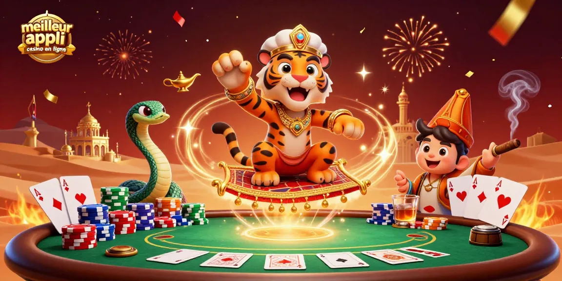 Vivez l'excitation avec la meilleure appli casino en ligne, représentant un sultan et un génie dans une scène de casino éclatante.