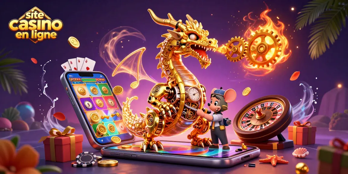 Illustrez le plaisir du site de casino en ligne avec un dragon doré et des jeux de casino dynamiques.