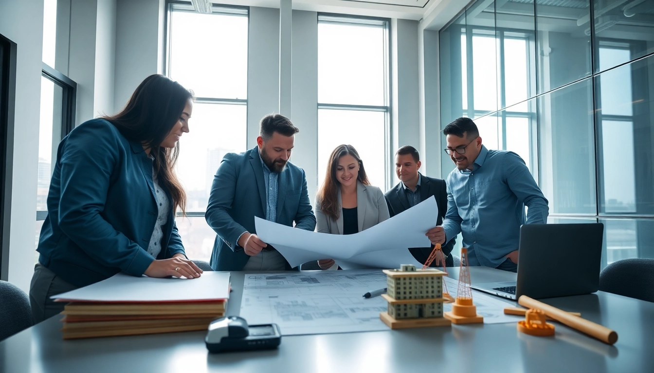 Manhattan Construction Manager team collaborating on blueprints in a modern office environment.