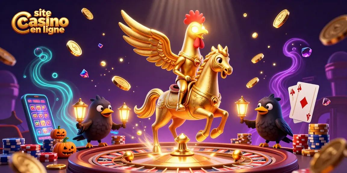 Une illustration 3D dynamique dans un casino nocturne avec un coq d'or, représentant un site casino en ligne, entouré de pièces et de jetons.