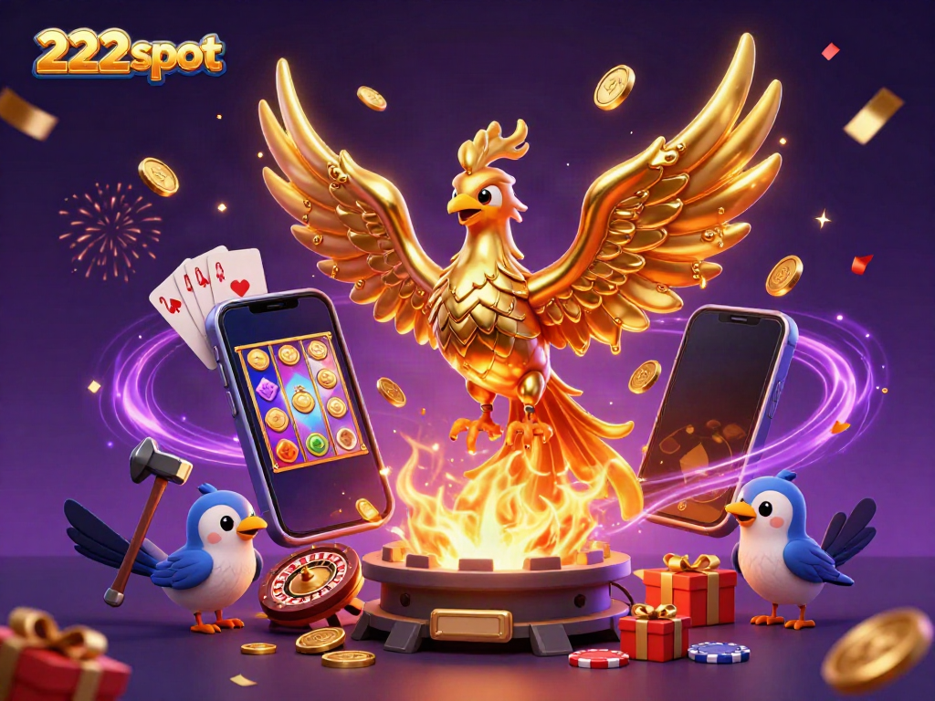 Memainkan game slot yang menarik di 222slot dengan grafis berwarna-warni dan koin emas berjatuhan.