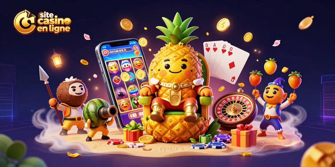 Site casino en ligne : Illustration d'un roi ananas et ses gardes dans un casino de plage
