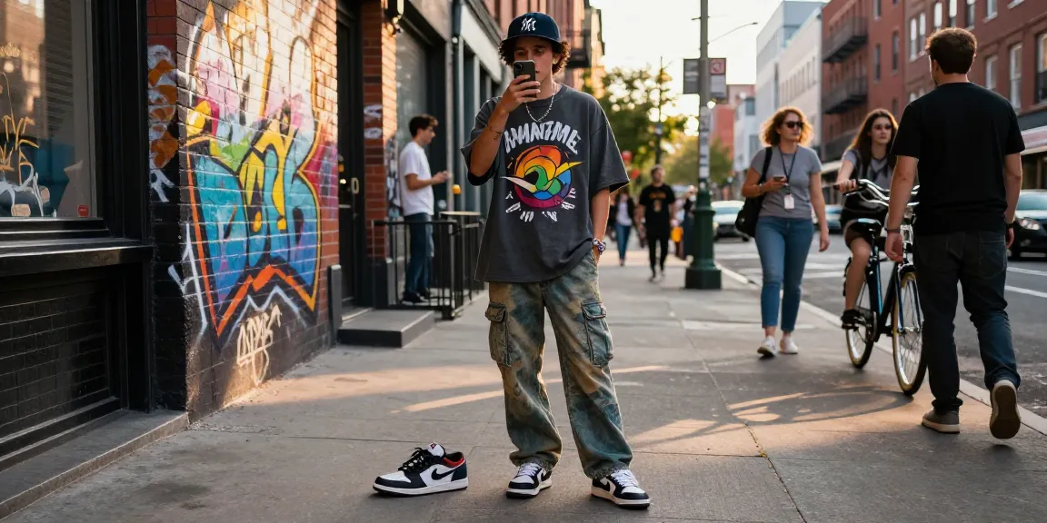 Stylish urban fashion scene showcasing rokok88 streetwear trends with vibrant graffiti backdrop.