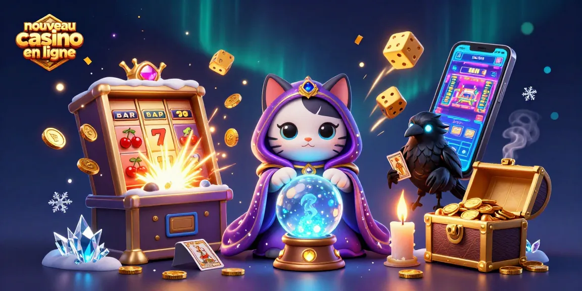 Naviguez dans le monde du nouveau casino en ligne avec notre illustration captivante remplie de mystère et de jeux.
