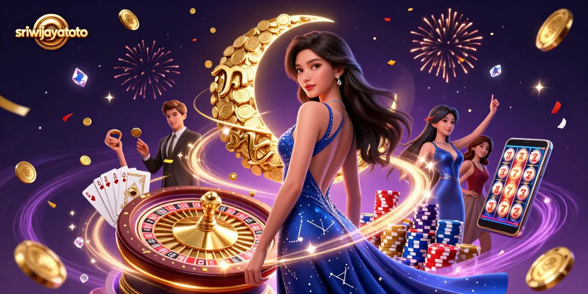 Sriwijayatoto showcases an elegant Asian woman surrounded by dazzling casino elements, celebrating a jackpot.