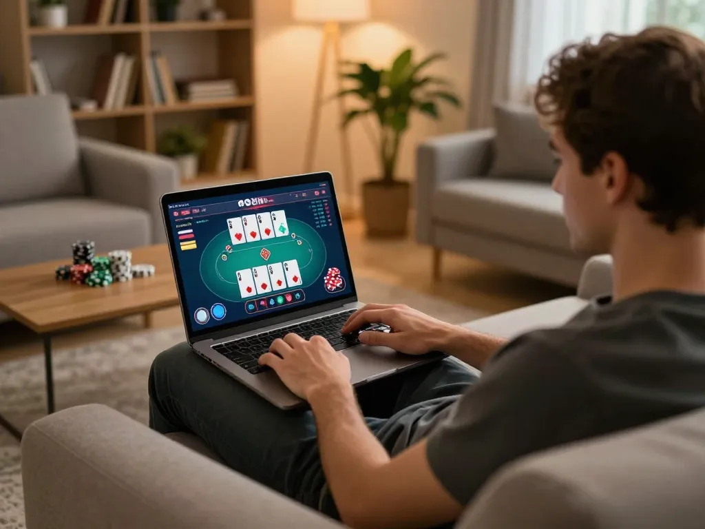 The hidden wiki displayed on a laptop screen during an online poker session at home, showcasing strategic gameplay.