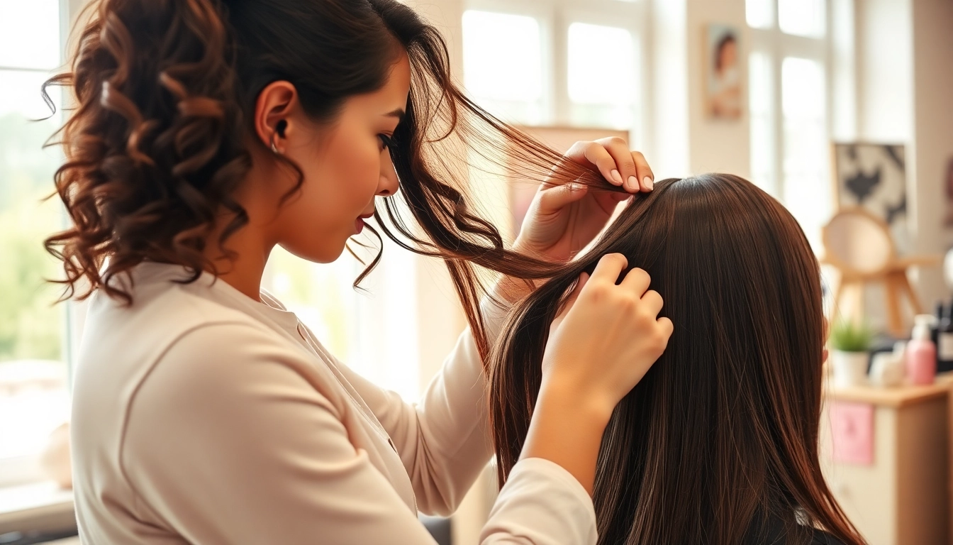 Sew in weft hair extensions being expertly applied in a bright salon.