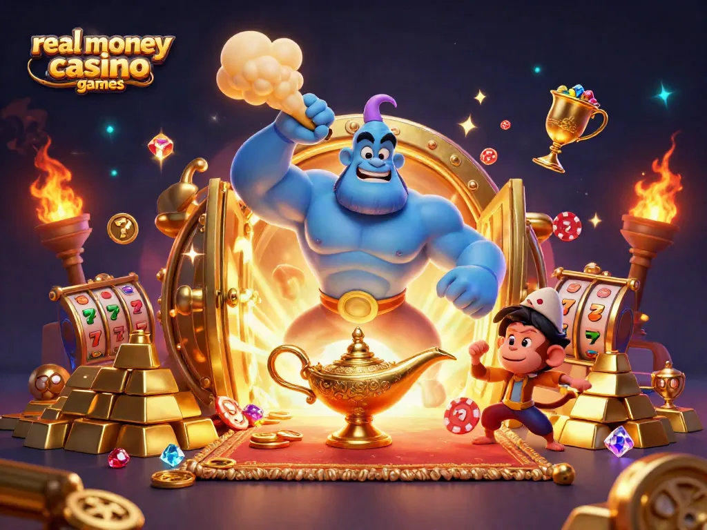 Experience real money casino games with a dynamic scene featuring a genie, monkey, and poker elements.