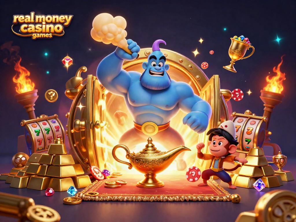 Experience real money casino games with a dynamic scene featuring a genie, monkey, and poker elements.