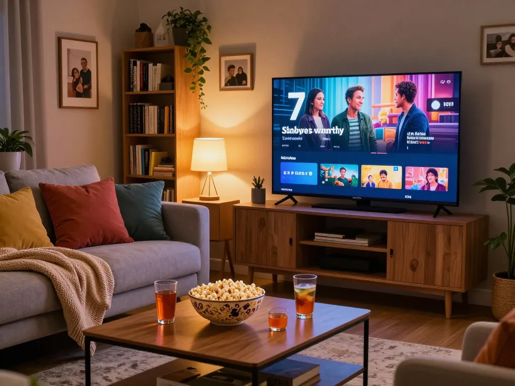 Cozy living room set for enjoying the top 7 shows binge-worthy shows with a warm atmosphere and snacks.