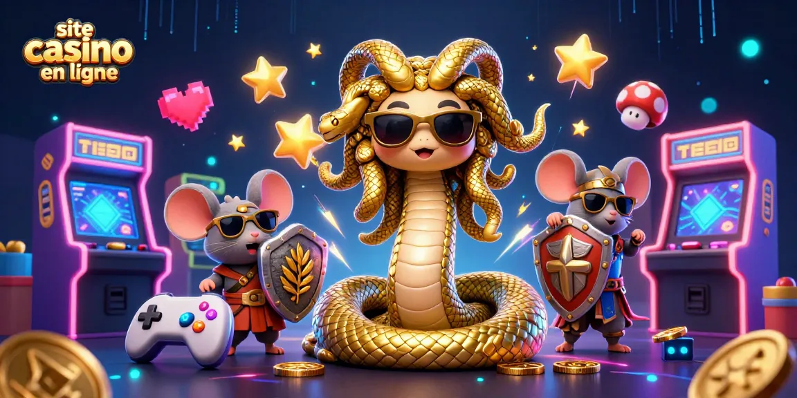 Profitez du site casino en ligne avec une illustration dynamique de Méduse et un guerrier souris, entourés de jeux colorés.