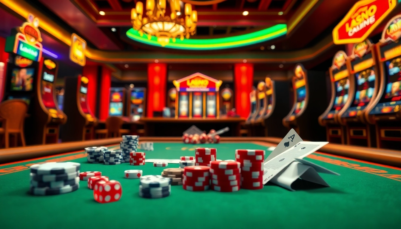 Engage with the thrilling experience of nhà cái luck8 through poker chips and dice on a vibrant casino table.