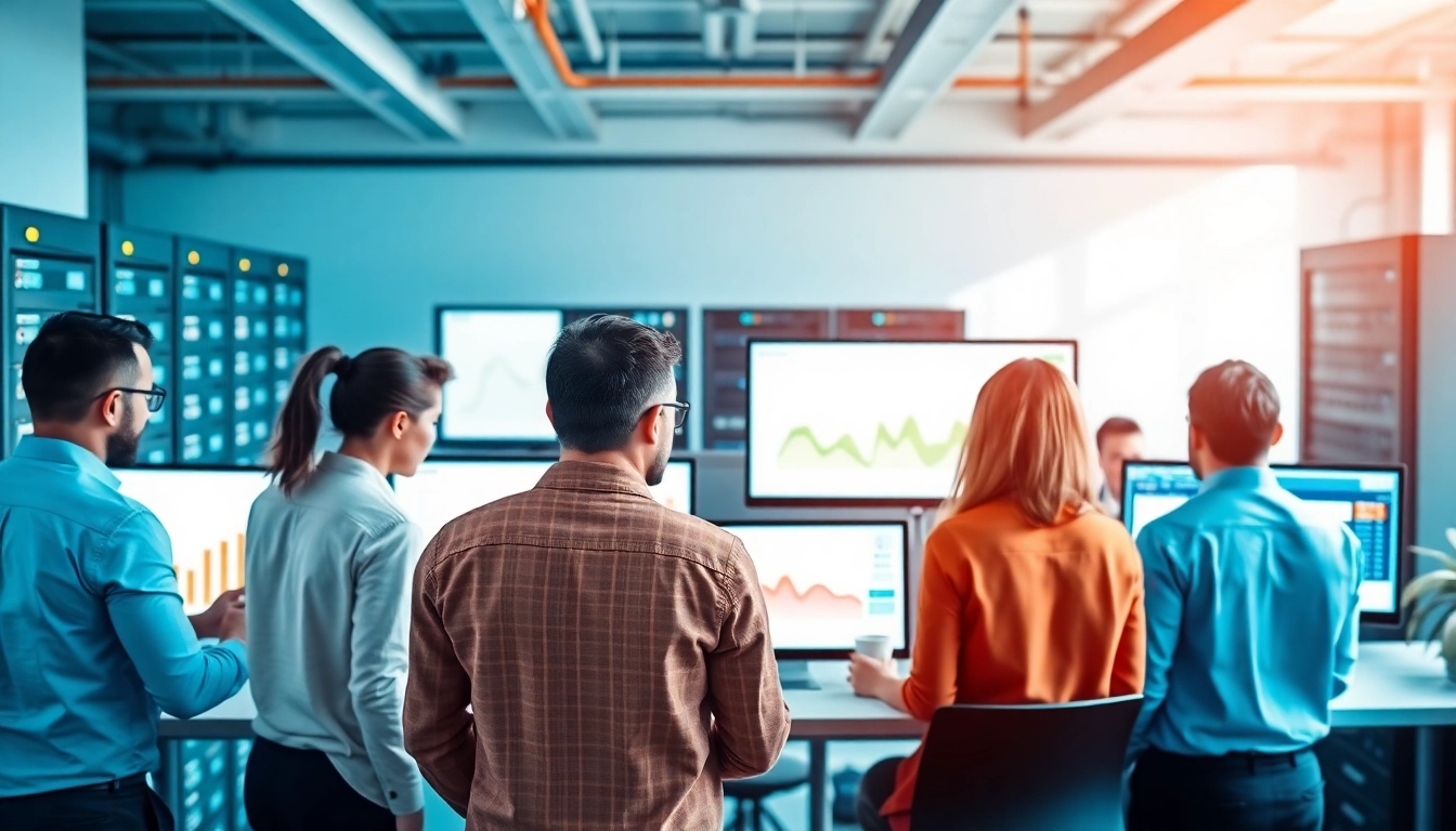 Implementing network management solutions with a diverse team in a modern office.