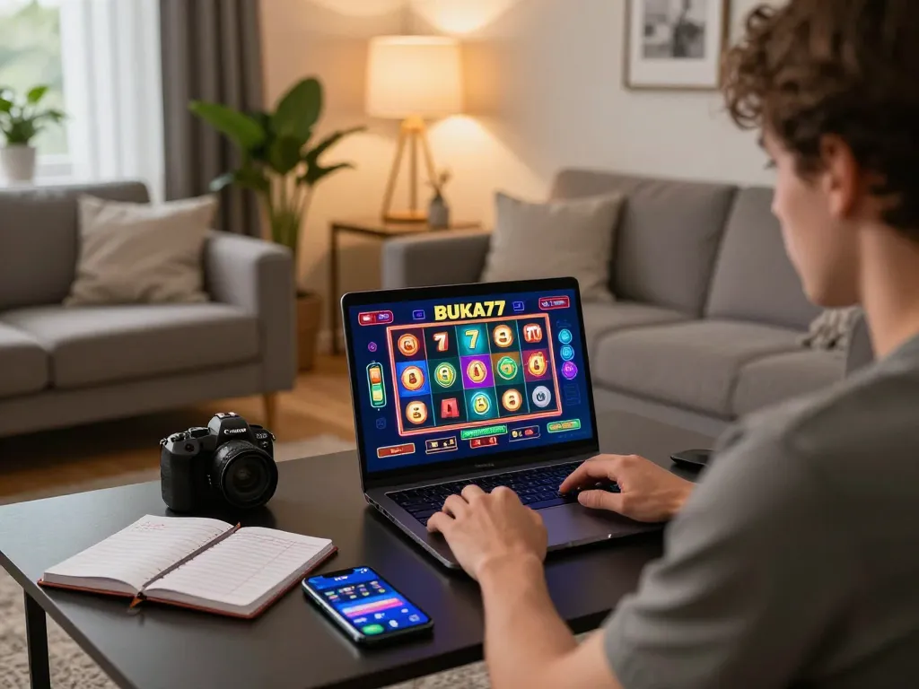 Engaging with BUKA77 online gaming on a laptop in a cozy living room, showcasing vibrant slot machine graphics.