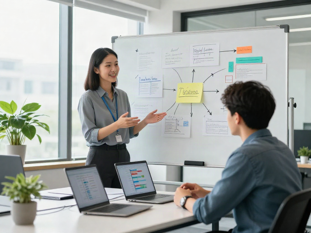 PedroVazPaulo Executive Coaching session between a coach and executive in a modern office.