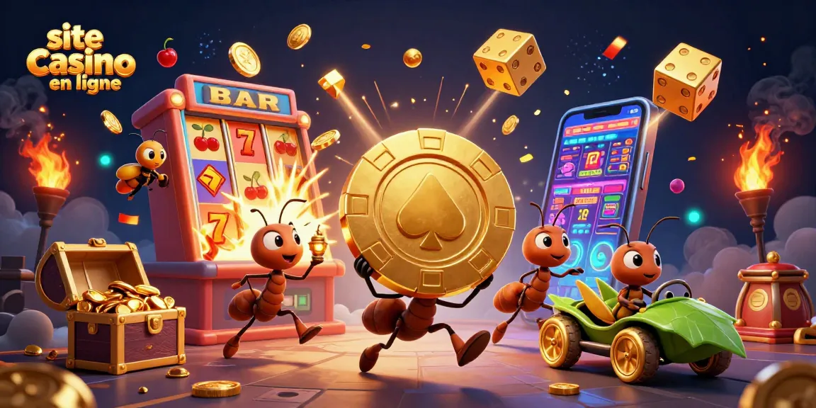Jouer sur un site casino en ligne avec des fourmis transportant une puce poker dans un tunnel rempli de jeux.