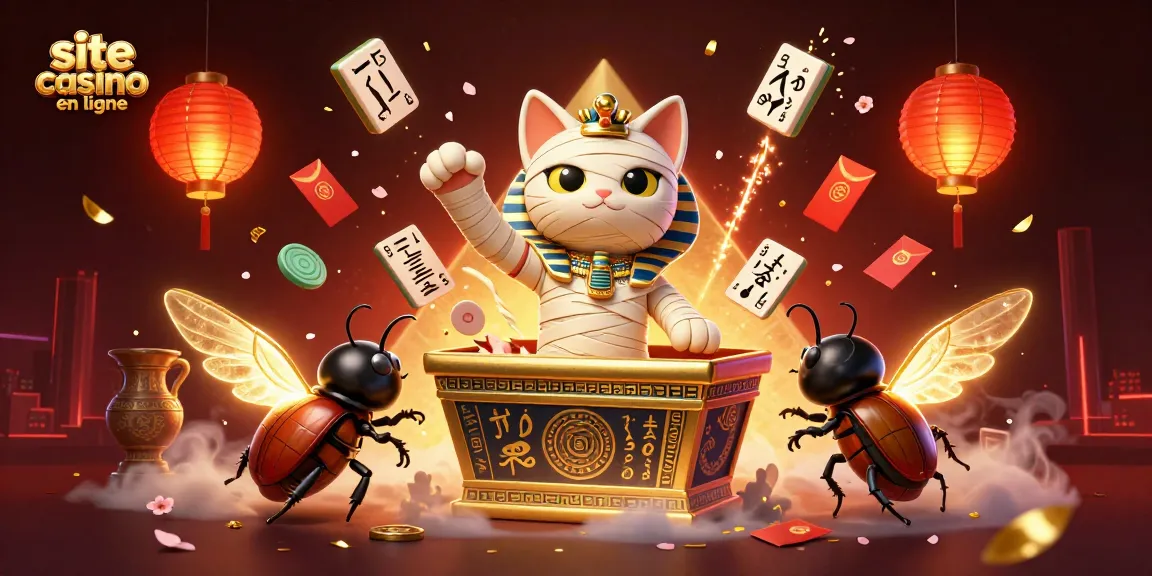 Explorez le site casino en ligne avec un chat momie égyptien et des éléments de jeu captivants.