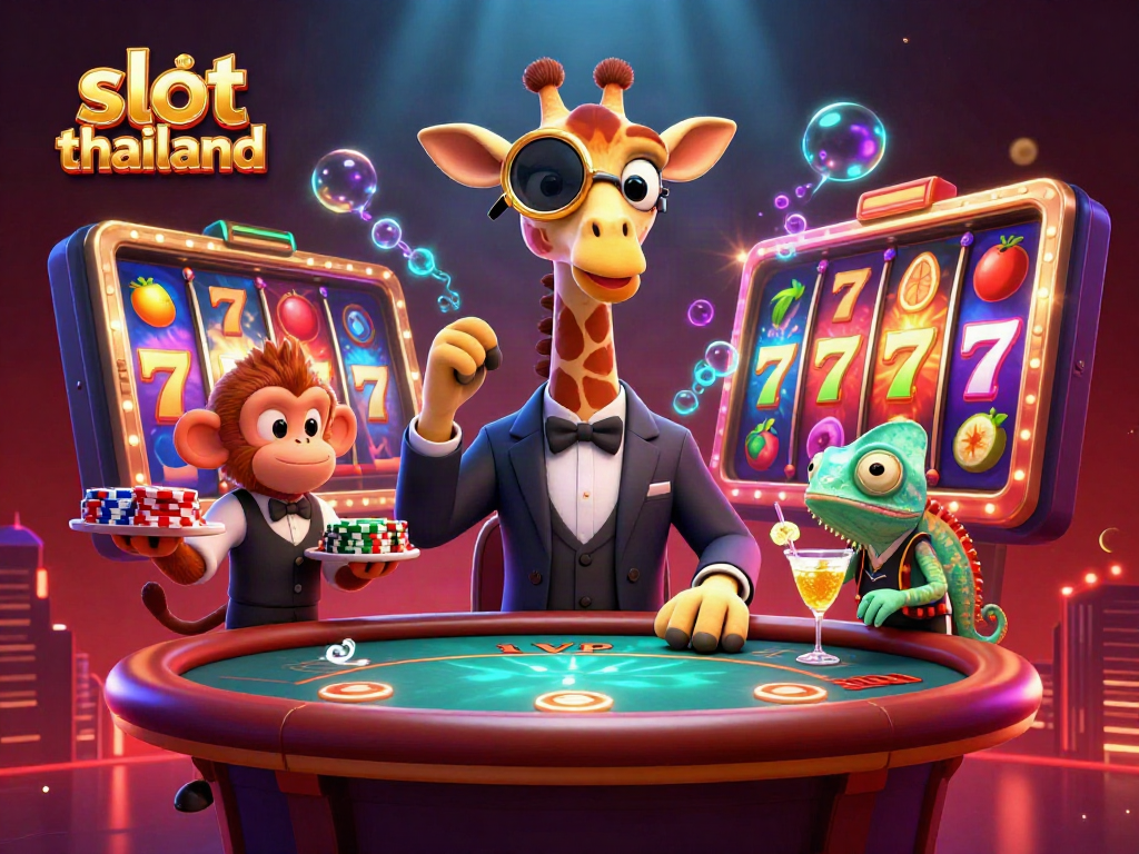 Engage in exciting slot thailand games with a vibrant 3D casino scene featuring lively characters.