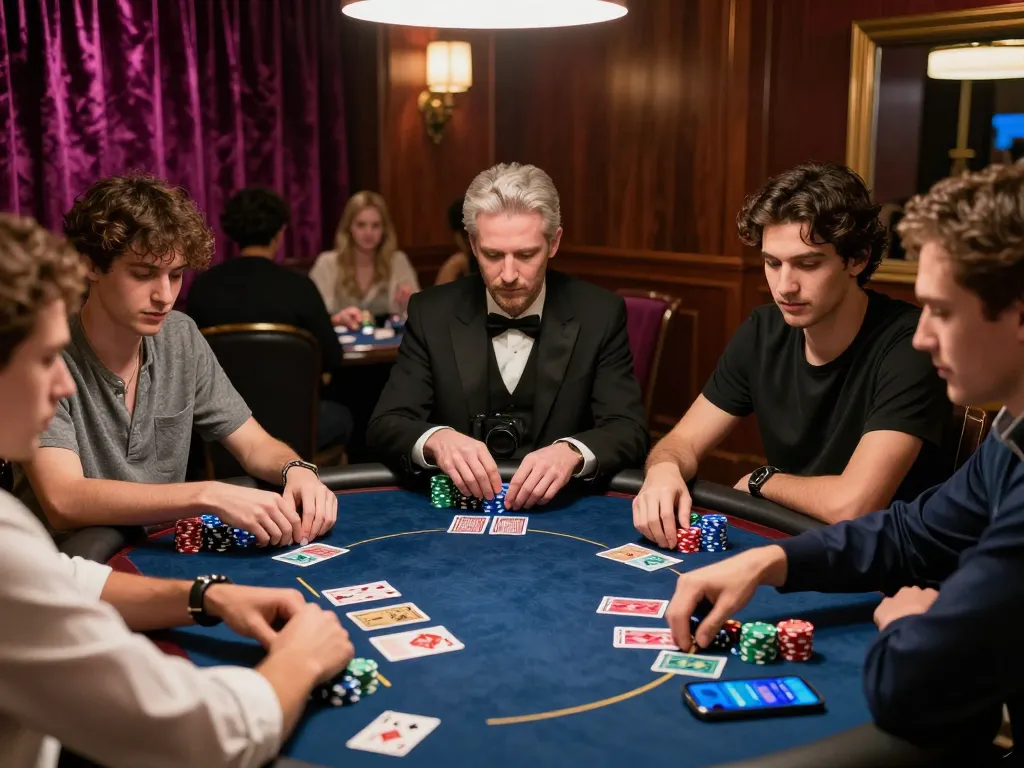 Players at an engaging poker game showcasing situs slot gacor strategies, chips and cards actively used.