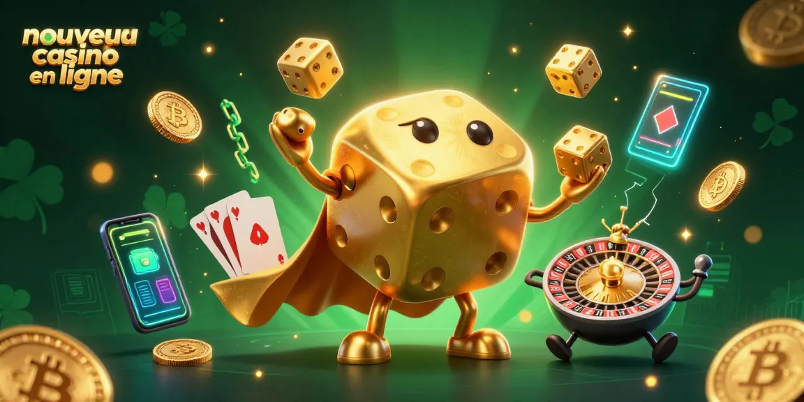 Vivez l'expérience du nouveau casino en ligne avec des dés dorés et des pièces de crypto-monnaie flottantes.