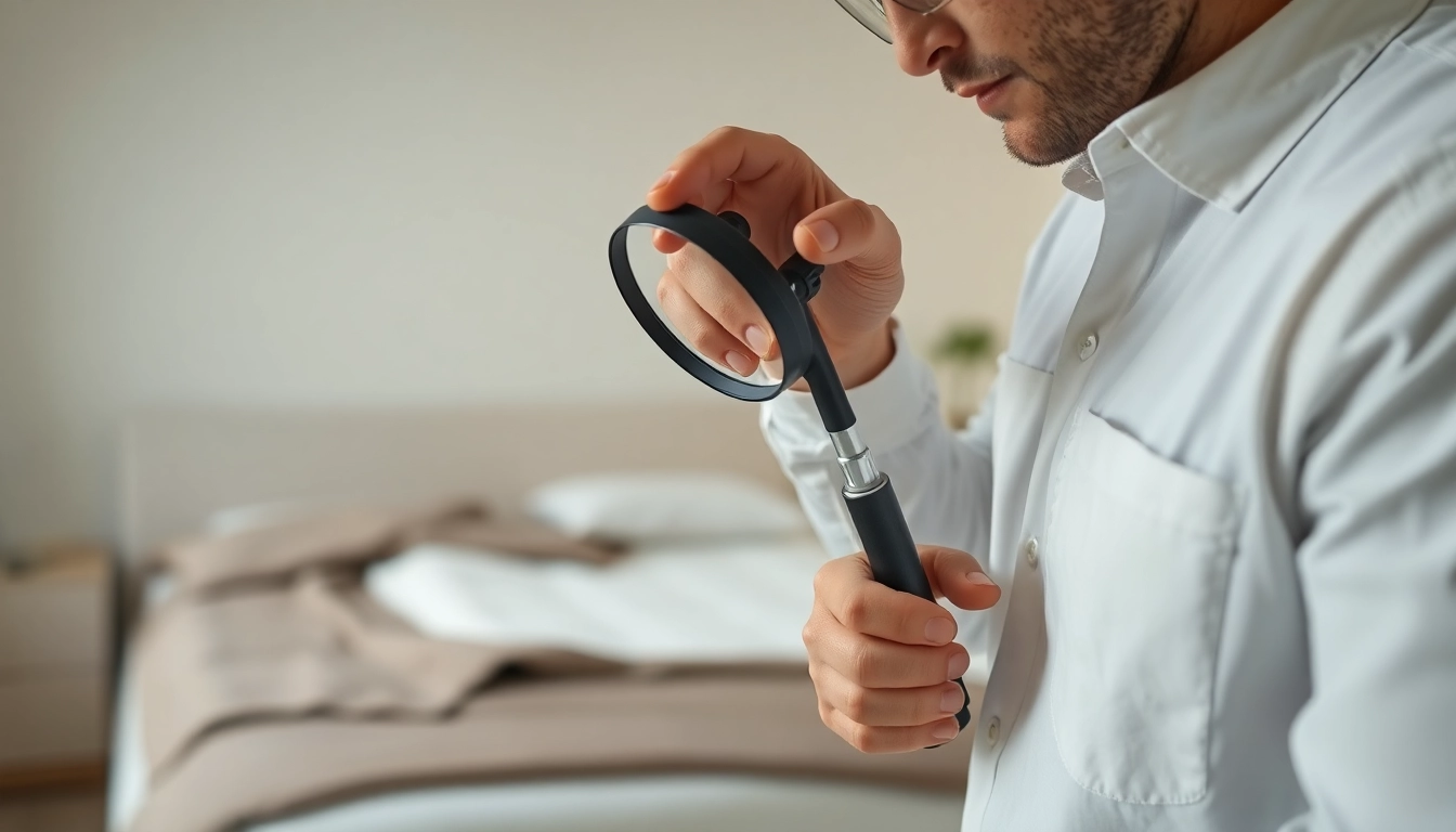 Professional technician conducting bed bug extermination near me in a bedroom setting.