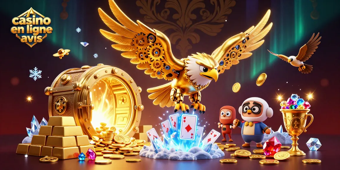 Casino en ligne avis : un aigle cybernétique plonge à travers des cartes géantes illuminées