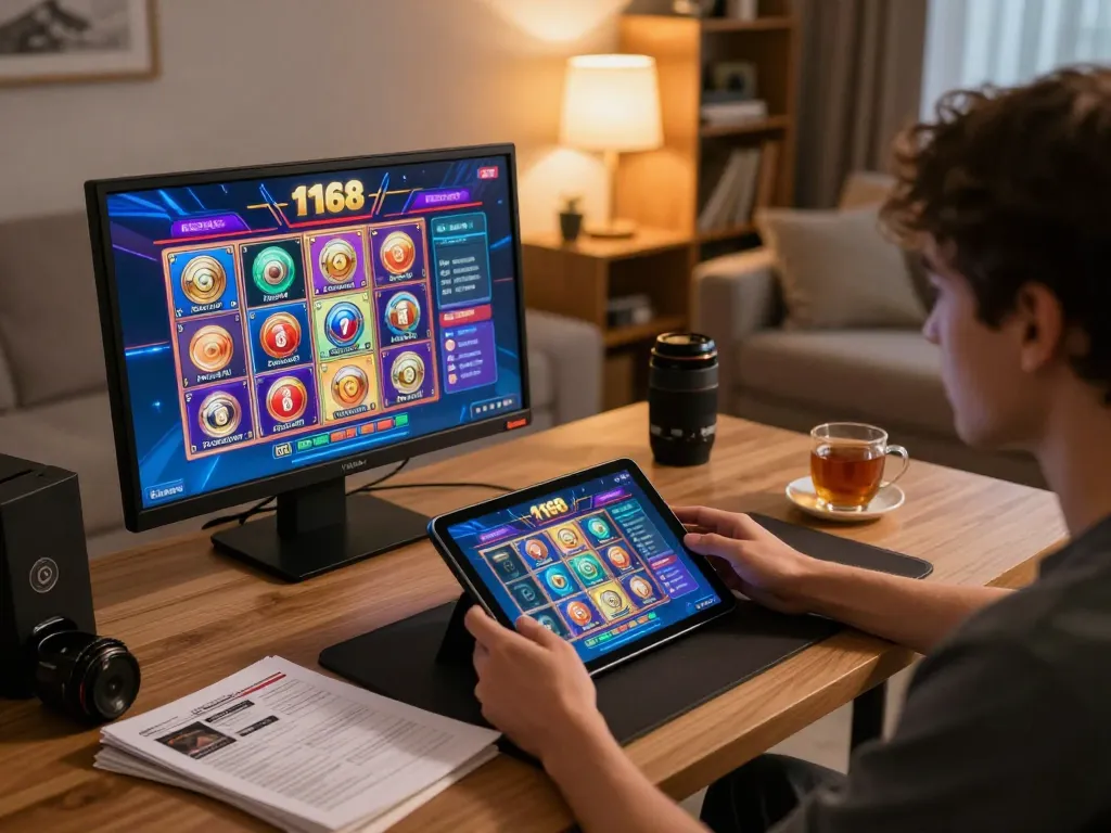 Players enjoying f168's online casino games on tablet in a cozy home environment, showcasing responsible gaming.