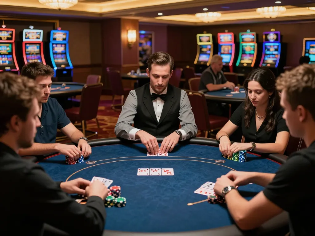 RR88 poker game in a luxury casino with players engaged, creating an exciting atmosphere.