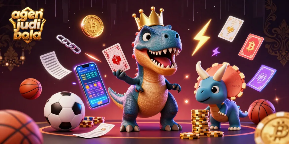 Engage with agen judi bola while T-Rex plays cards and a baby triceratops stacks poker chips.