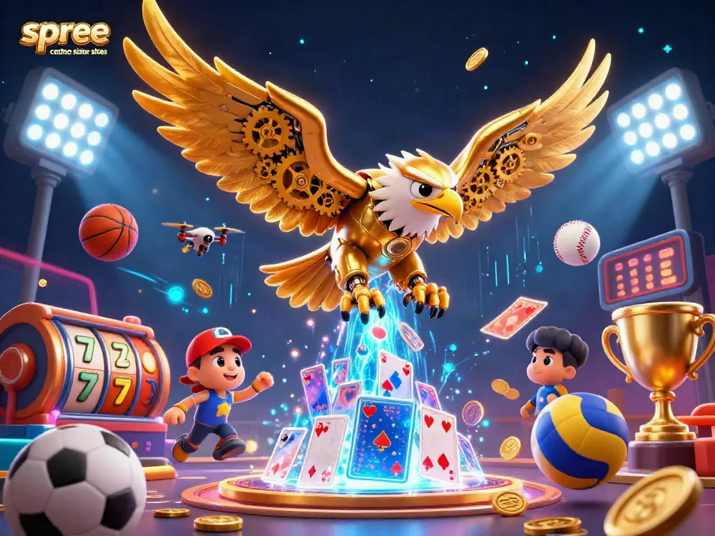 Experience the thrill of spree casino sister sites with dynamic gaming elements in this vibrant 3D casino illustration.