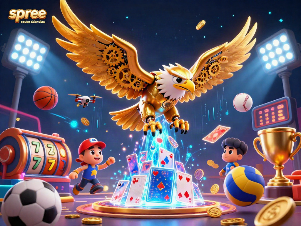Experience the thrill of spree casino sister sites with dynamic gaming elements in this vibrant 3D casino illustration.