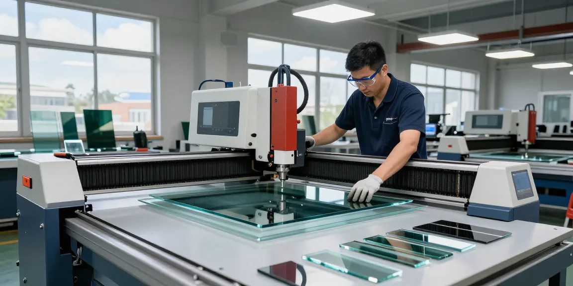Technician operating a CNC glass cutting machine in a modern workshop for precise glass cutting processes.