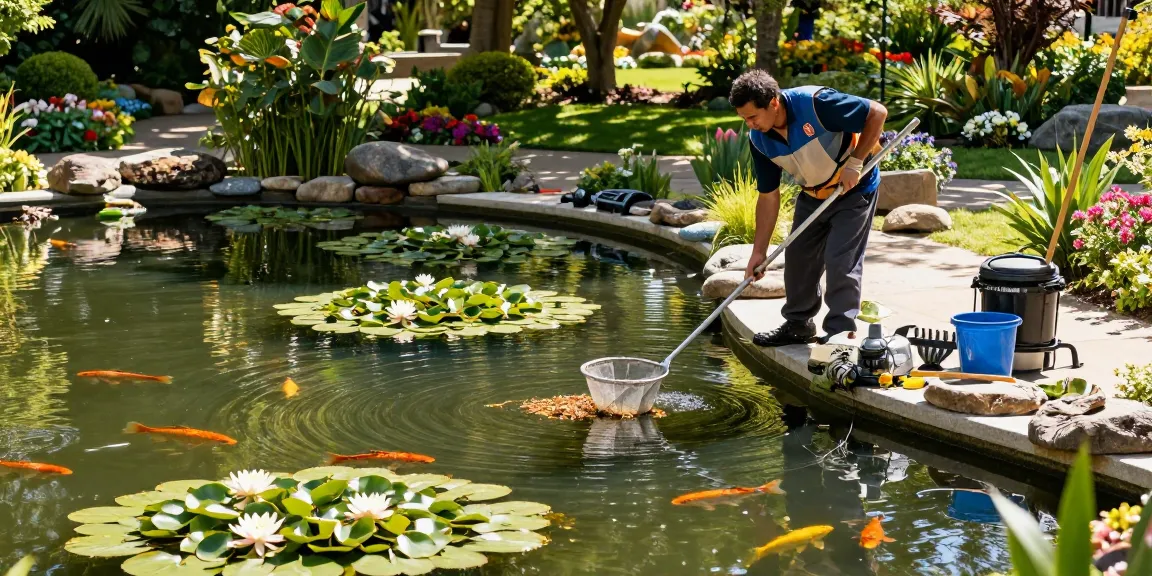 Pond Cleaning Essex service provider expertly maintaining a serene garden pond, showcasing vibrant water lilies and koi fish.