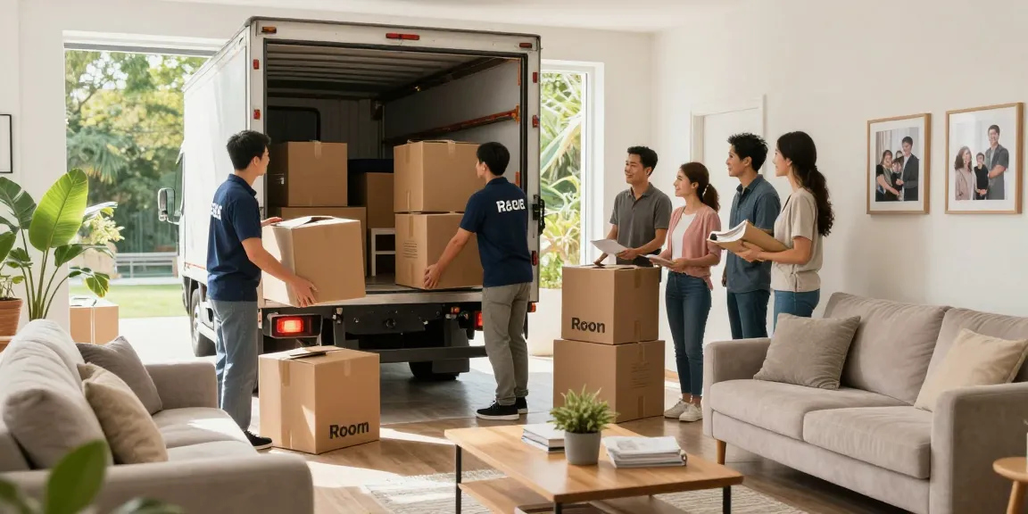Cullen moving services showcasing friendly movers unpacking boxes in a bright living room