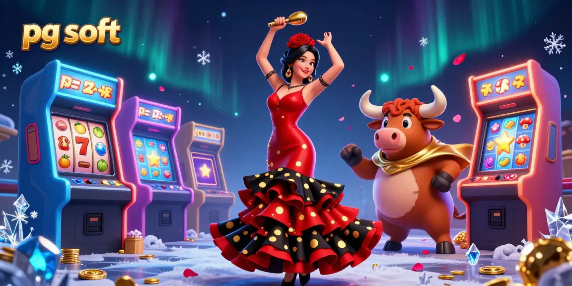Play pg soft games with a beautiful flamenco dancer and a fighting bull in a vibrant casino scene filled with slot machines and tokens.