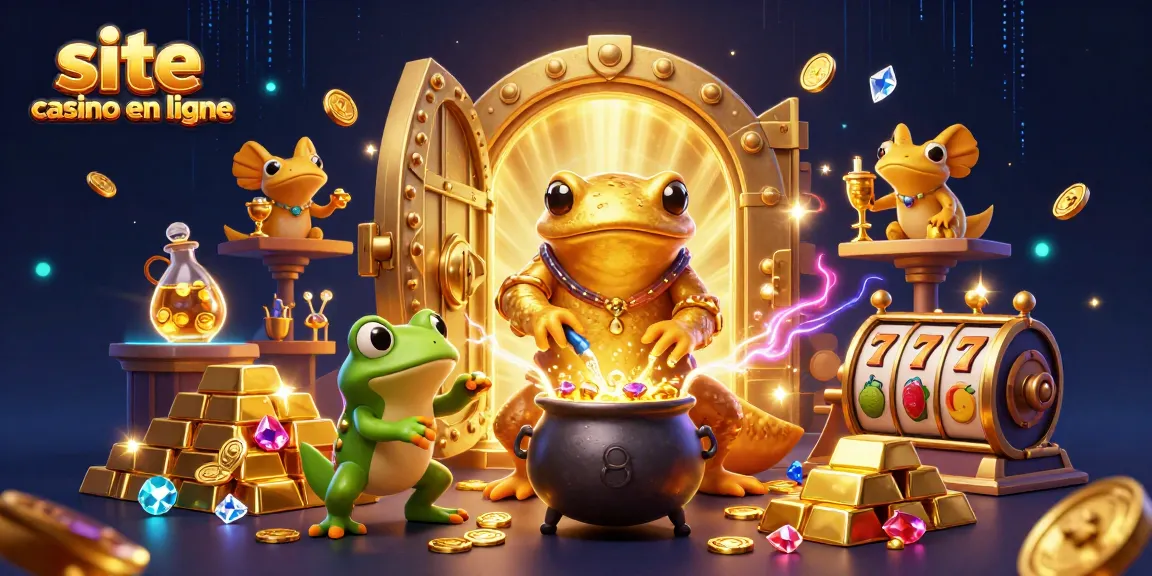 Illustration d'un site casino en ligne avec une salamandre alchimiste, un apprenti grenouille et des assistants newt entourés de pièces d'or et de rouleaux de machine à sous.
