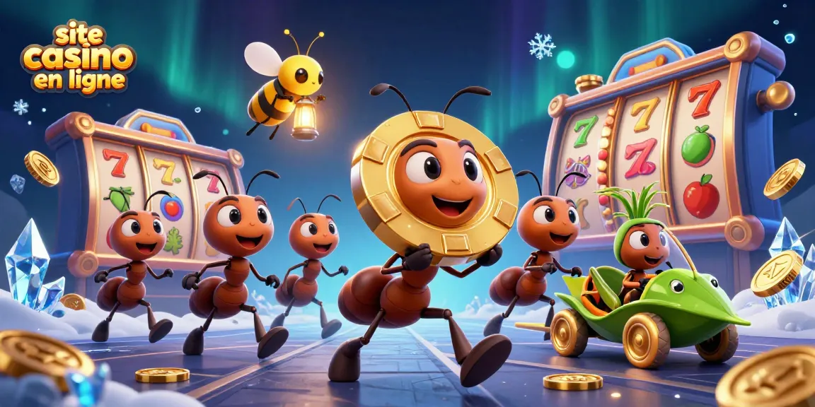Des fourmis transportant une puce de poker géante pour le site casino en ligne, illustrant une scène de jeu dynamique.