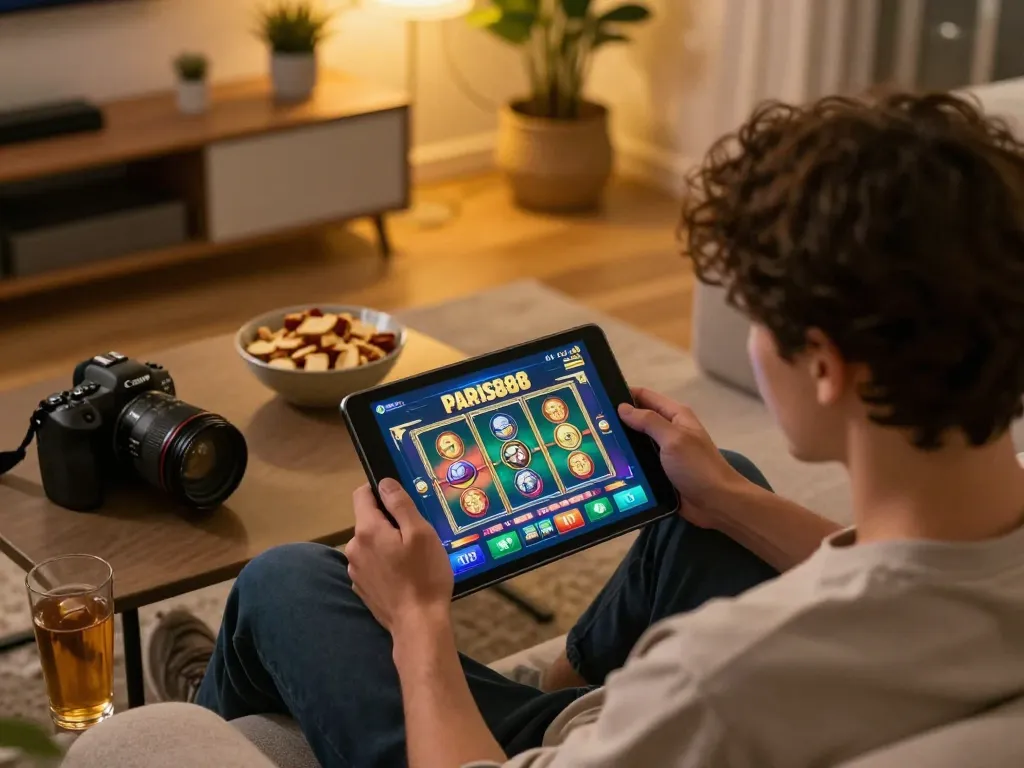 Engaged player enjoying Paris888 slot game on tablet in relaxed home setting
