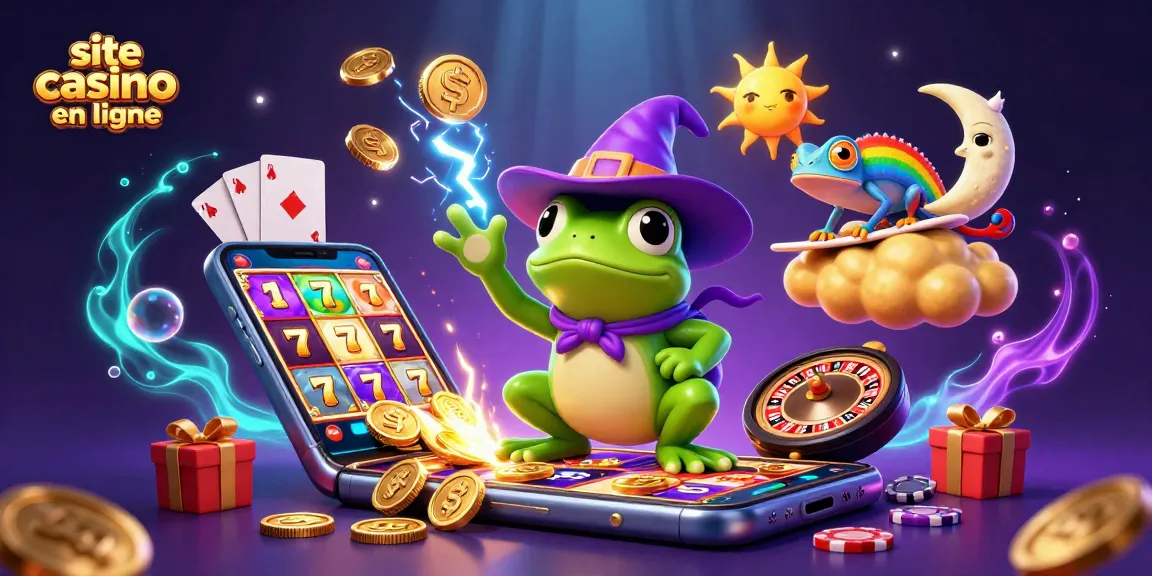 Jouer sur un site casino en ligne avec une grenouille sorcière et un caméléon coloré dans une scène magique.
