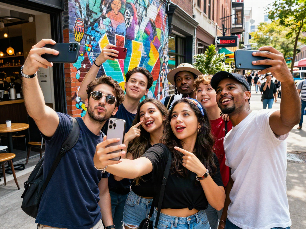 Friends comparing their looks to celebrity look alike matches on a smartphone in an urban setting