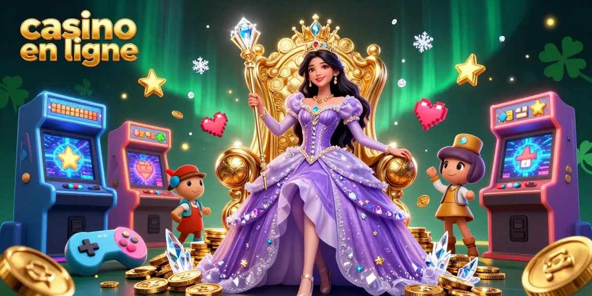 Vivez l'excitation du casino en ligne avec une illustration 3D d'une princesse royale et des éléments de jeu vibrants.