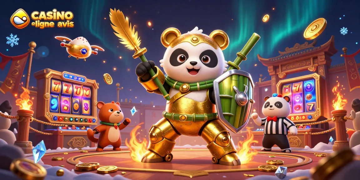 Visitez le casino en ligne avis pour découvrir l'arène animée avec le panda doré et des éléments de jeu excitants.