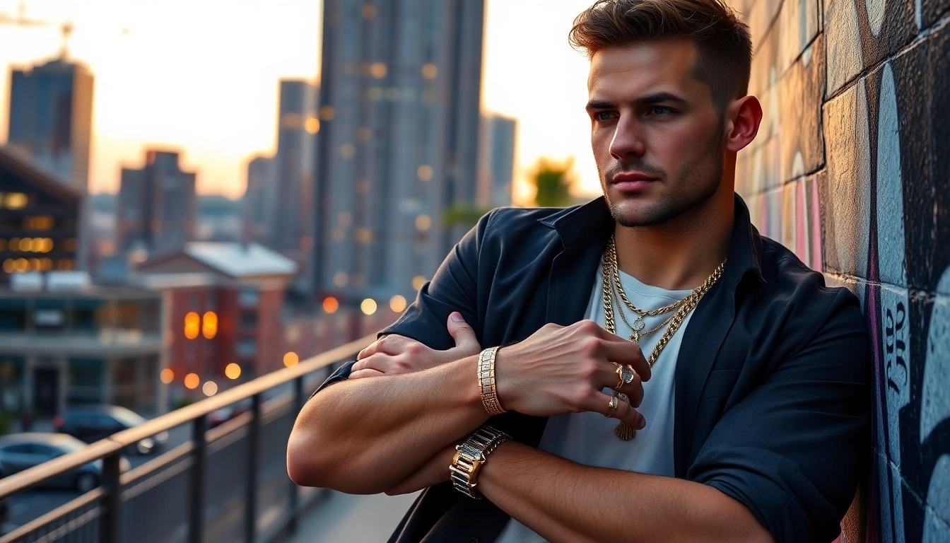 Stylish man showcasing diverse men’s jewelry in an urban environment.