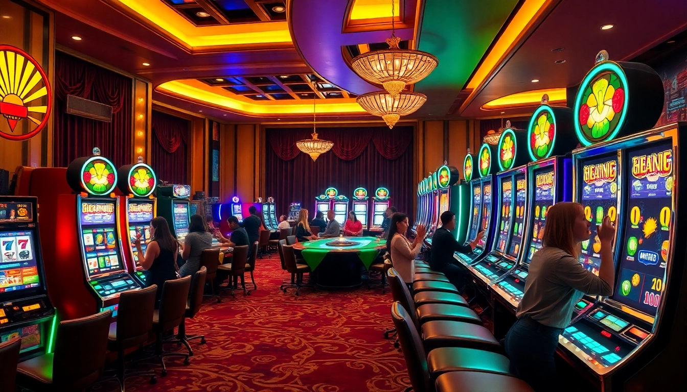 Players enjoying slot pragmatic machines at a luxurious casino, showcasing vibrant colors and excitement.