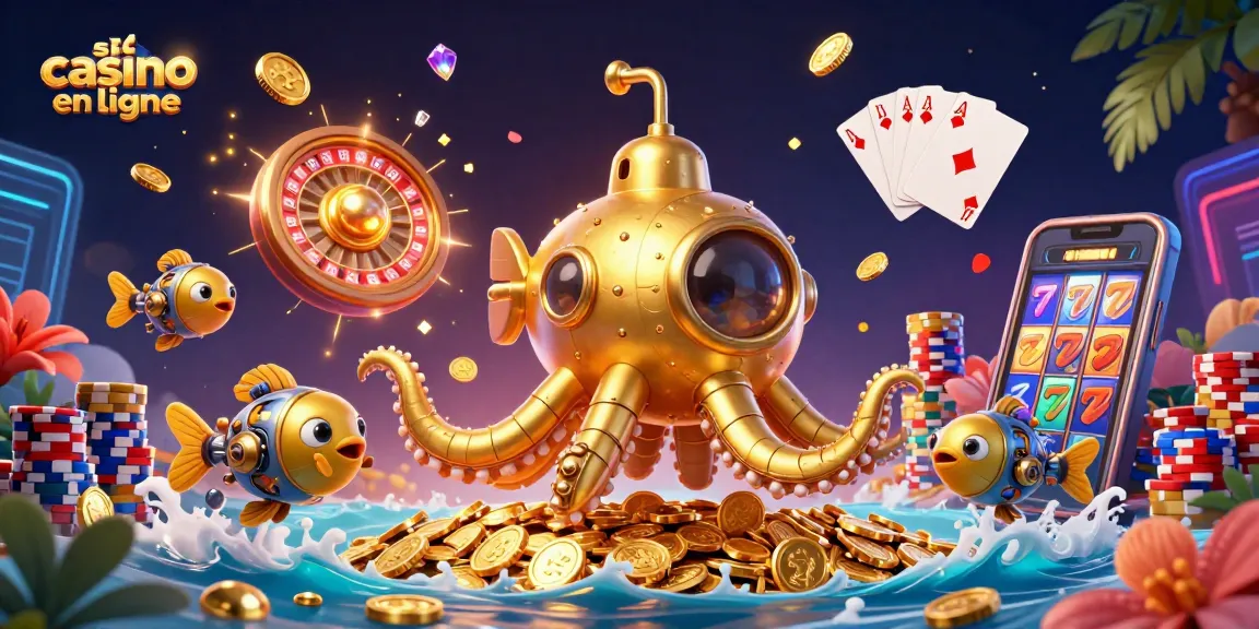 Jouez sur le site casino en ligne avec un kraken doré entouré de pièces et de jeux de casino.