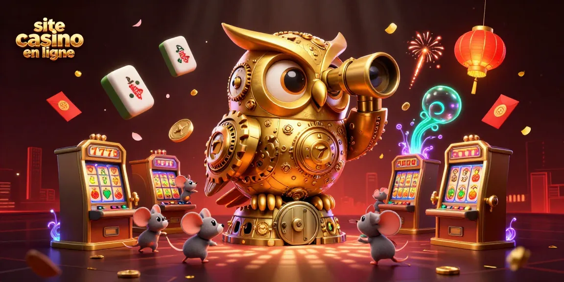 Découvrez notre illustration du site casino en ligne, où une chouette dorée surveille des machines à sous animées avec des détails fascinants.