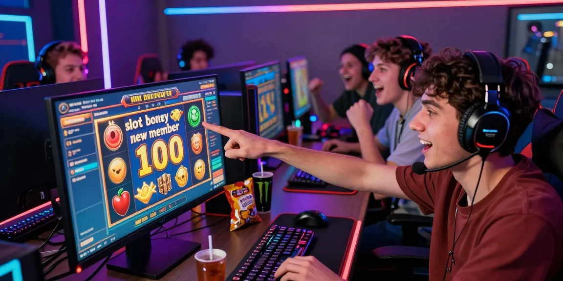 Excited players celebrating the slot bonus new member 100 offer in a vibrant gaming environment.