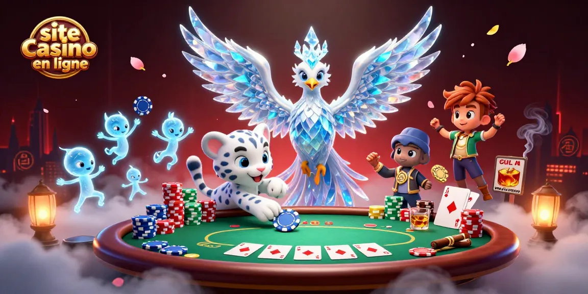 Table de poker animée avec le site casino en ligne illuminé par un phœnix de glace et des sprites.