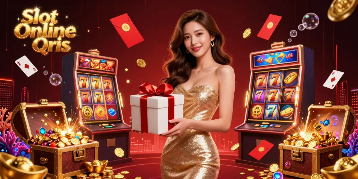 Experience the excitement of Slot Online Qris with dynamic slot reels in a festive casino illustration.